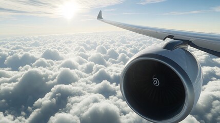 Airplane Wing and Engine Above Fluffy Clouds Under Bright Sunlight