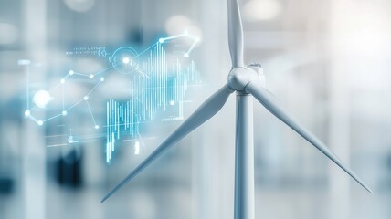 Fototapeta premium Development, resources, and implementation. Wind turbine with digital analytics overlay in a modern, clean environment.