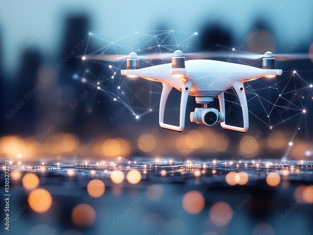 Poster development, resources, and implementation. drone flying above a cityscape with digital connections 