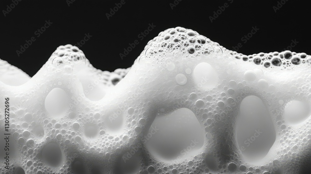 Poster close-up view of white soap bubbles with varying sizes against a black background creating a texture