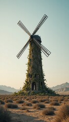 Overgrown Windmill Tower in Desert Landscape A Post Apocalyptic Scene
