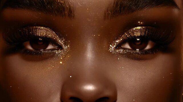 Closeup blinking eyes of African female model with golden eyeshadows in mocha mousse hue shade tone colors