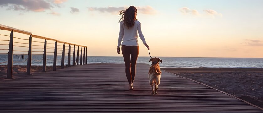 Fototapeta A woman and her dog strolling on a wooden pier overlooking the serene ocean as the sun sets creating a peaceful and tranquil coastal landscape
