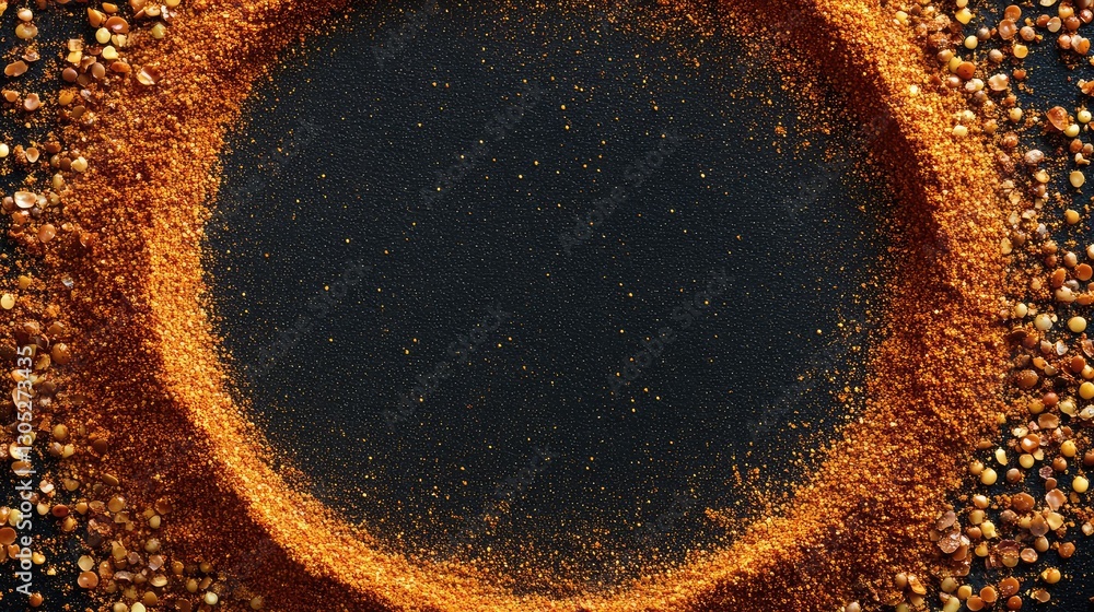 Poster vibrant arrangement of various ground spices creating a circular frame on a dark surface for culinar