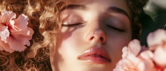 Fototapeta premium A peaceful and serene young woman enjoys the beauty of nature holding a delicate floral bouquet with her eyes closed in a moment of tranquility and contemplation