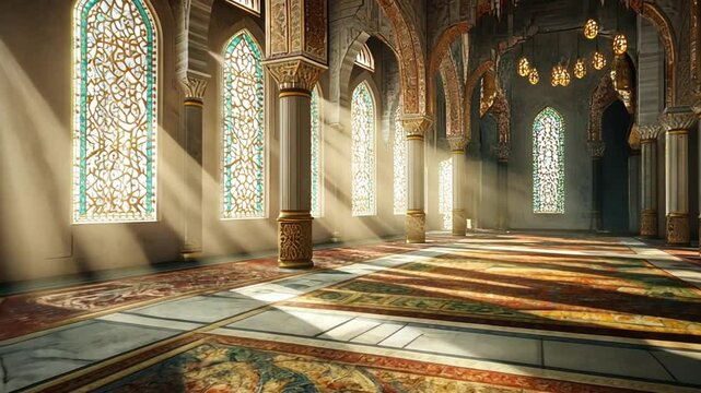 Sunlight streaming through stained glass windows illuminating an ornate mosque interior with decorative columns and patterned carpets evoking serenity