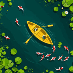 People Rowing Boat Surrounded by Koi Fish and Lily Pads