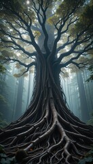 Majestic Ancient Tree with Massive Roots in Foggy Forest Nature