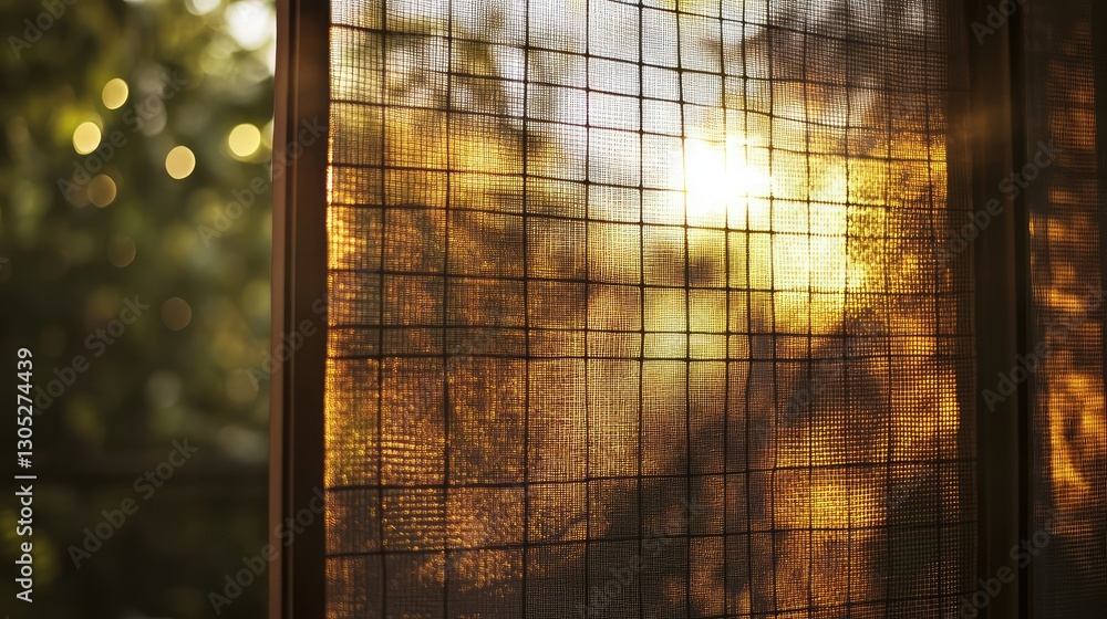 Poster warm golden light filtering through a textured window screen, casting beautiful patterns and creatin