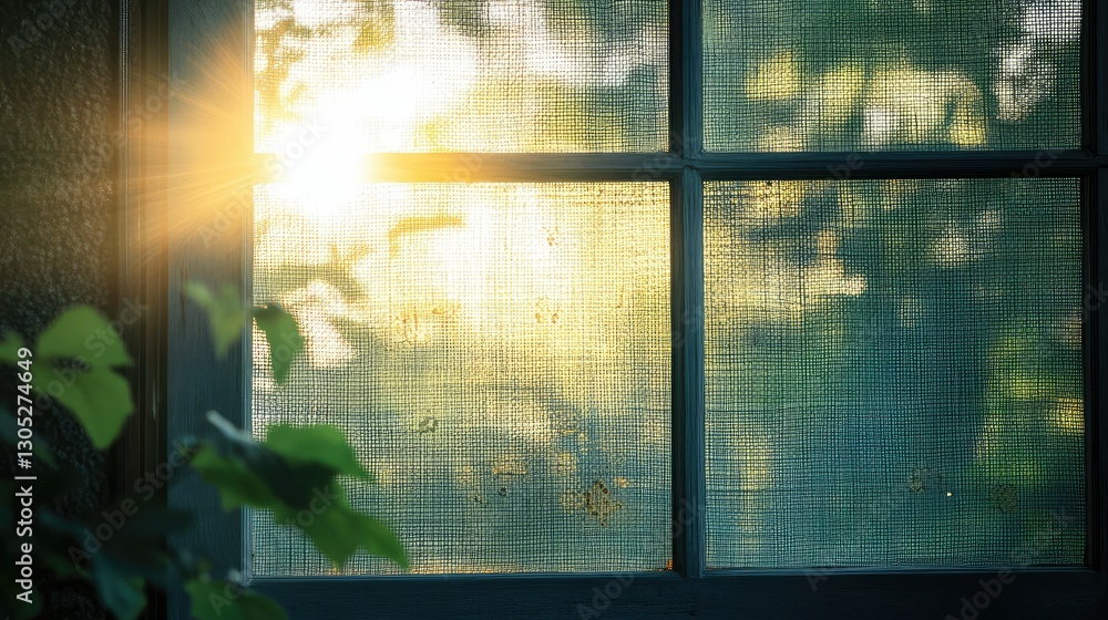 Poster sunlight streaming through a rustic window with soft focus on nature in the background, creating a s