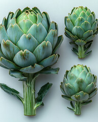 Fototapeta premium Artichokes in various sizes with intricate details under soft lighting