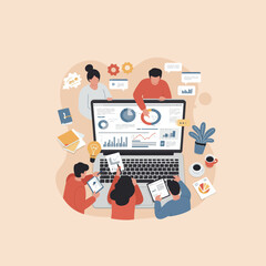 People Collaborating Around Laptop Analyzing Data Charts for Business