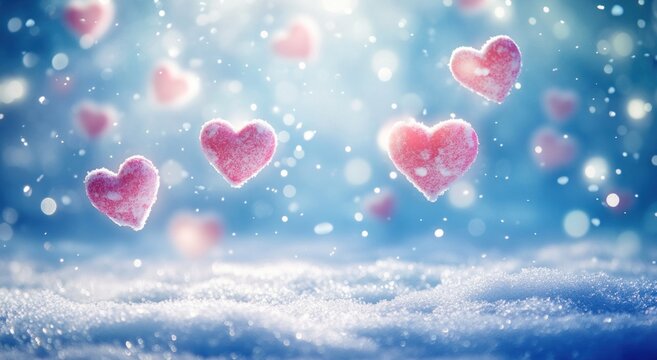 Pink hearts falling snow background. Possible use Greeting card - Powered by Adobe