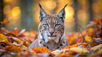 Naklejka premium A Eurasian Lynx lies motionless in a bed of leaves