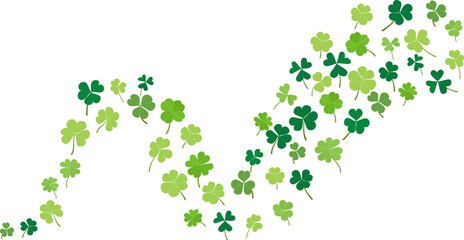 Green floating clover leaves flying dancing isolated on a transparent background