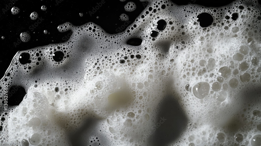 Poster abstract view of white foam and bubbles on a dark background, capturing the texture and intricacies 