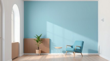 Minimalist Interior Design: Serene Blue and Wood Accent Wall with Modern Turquoise Armchair
