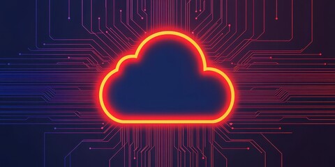Cloud computing with storage and hybrid idea. Neon cloud symbol with digital circuit background.
