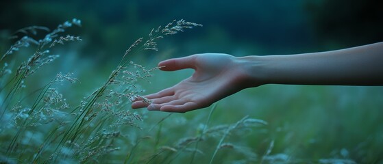 Fototapeta premium A delicate hand reaches out to touch grasses at twilight, capturing nature's gentle touch and twilight serenity.