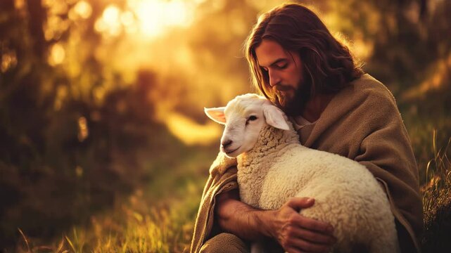 Jesus christ s hands embracing a lamb a symbol of divine protection and compassion