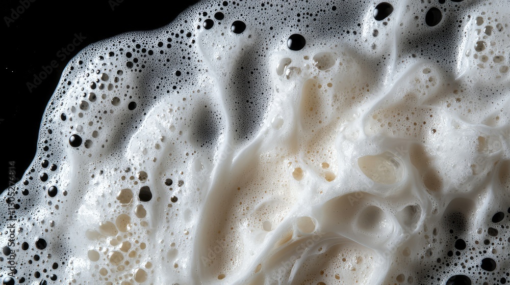 Poster close-up view of creamy white soap foam with bubbles on a dark background creating an abstract and t