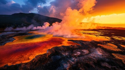 Fototapeta premium Colorful Geothermal Springs at Sunset in National Park Landscape