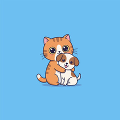 Cartoon Cat Hugging Cute Puppy Together with Affection on Blue