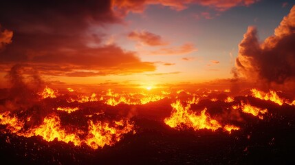 Obraz premium Fiery Sunset Over Lava Field with Dramatic Clouds and Sky Colors