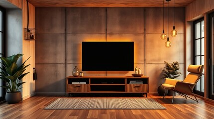 Backlit TV Living Room: Modern Interior, Warm Lighting, Cozy Home Decor.


