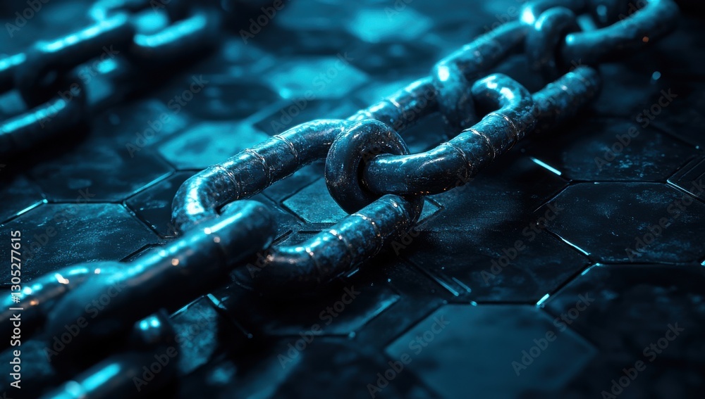 Poster close-up view of metallic chain links on a textured background with dramatic lighting and reflection