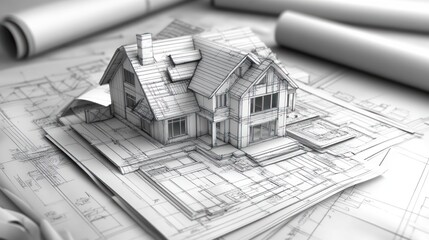 Architectural plans with 3D model of house