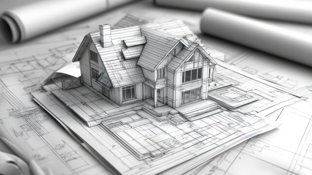 Architectural plans with 3D model of house