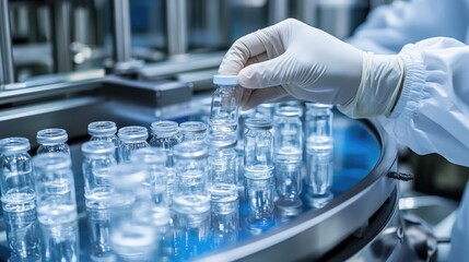 A scientist carefully handling vials in a pharmaceutical production process