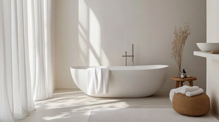beautiful bathtub in a minimalist white bathroom