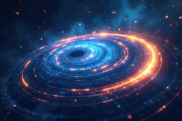 Abstract swirling blue and gold light rings, cosmic backdrop, glow, bright, design