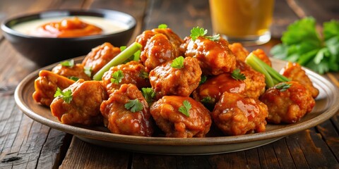 Fototapeta premium Delicious boneless chicken wings coated in savory buffalo BBQ sauce, tasty, restaurant, tasty, restaurant, savory,food, chicken