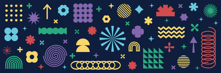 Collection of geometric graphic elements. Brutalist style abstract shapes. Retro design. Vector illustration