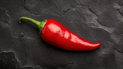 A vibrant red chili pepper rests on a textured black surface, showcasing its glossy skin and distinct shape, ideal for culinary uses.