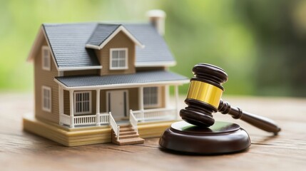 A model house beside a gavel symbolizes real estate law and property disputes in a legal context.