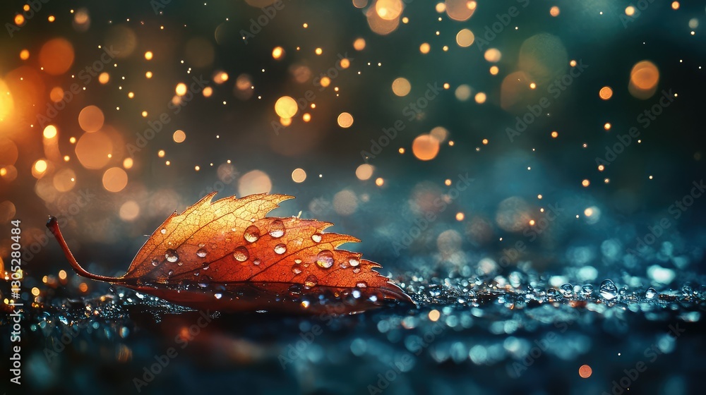 Poster a close-up view of an autumn leaf with water droplets on a wet surface surrounded by blurred glowing