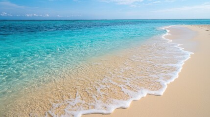 Tranquil shoreline with soft sand and clear turquoise waters, under a bright blue sky, inviting relaxation and serenity.