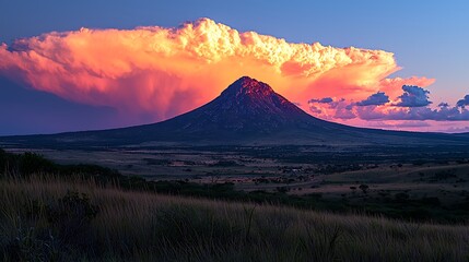 Fototapeta premium Majestic mountain peak under a dramatic cloud formation during sunrise