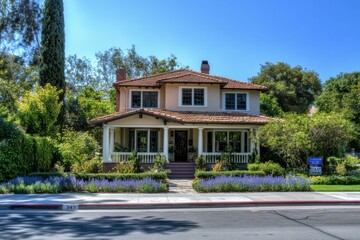 Fototapeta premium House Just Sold. Exterior View of New Home with Blue Sky Background