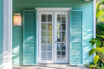 Hurricane Window. White Framed Window Glasses on House Entrance with Summer Background
