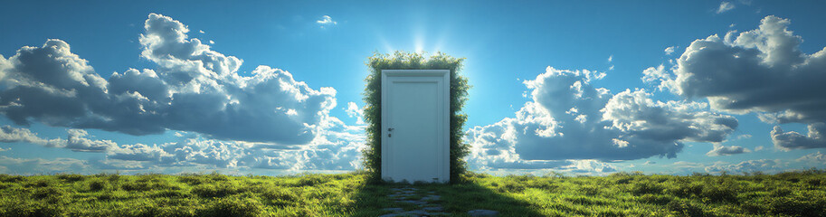 a white door stands open on the grass,