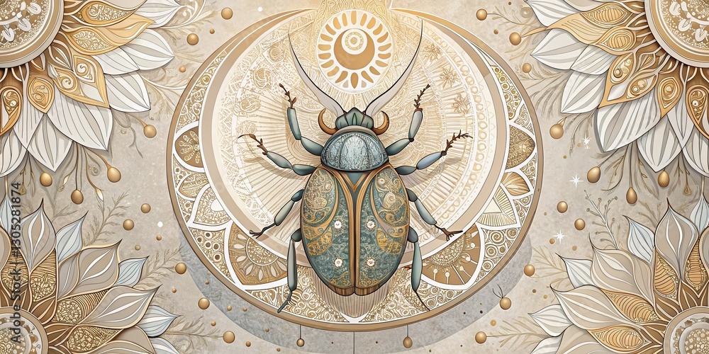 Poster elegant insect sun moon boho design pattern - right-aligned composition with copy space