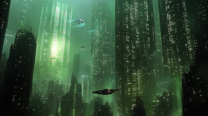 A realistic animation of a futuristic cityscape with towering skyscrapers made of bioluminescent glass, flying vehicles gliding through the sky, and lush vertical gardens covering the buildings 