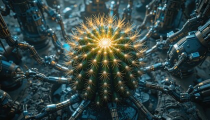Robotic Arms Carefully Tend to a Glowing Desert Cactus Plant
