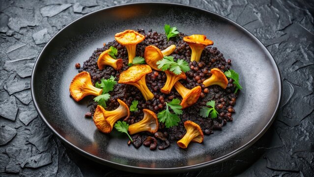 Earthy tones of seared girolles mushrooms atop a bed of black rice on a minimalist plate, inviting the viewer's gaze to linger on the dish's textures and colors , plate, healthy