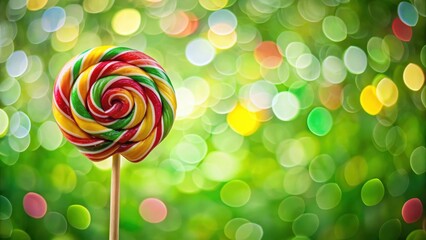 Colorful lollipop stands out against a vibrant green background, with its sugary coating reflecting light , festive
